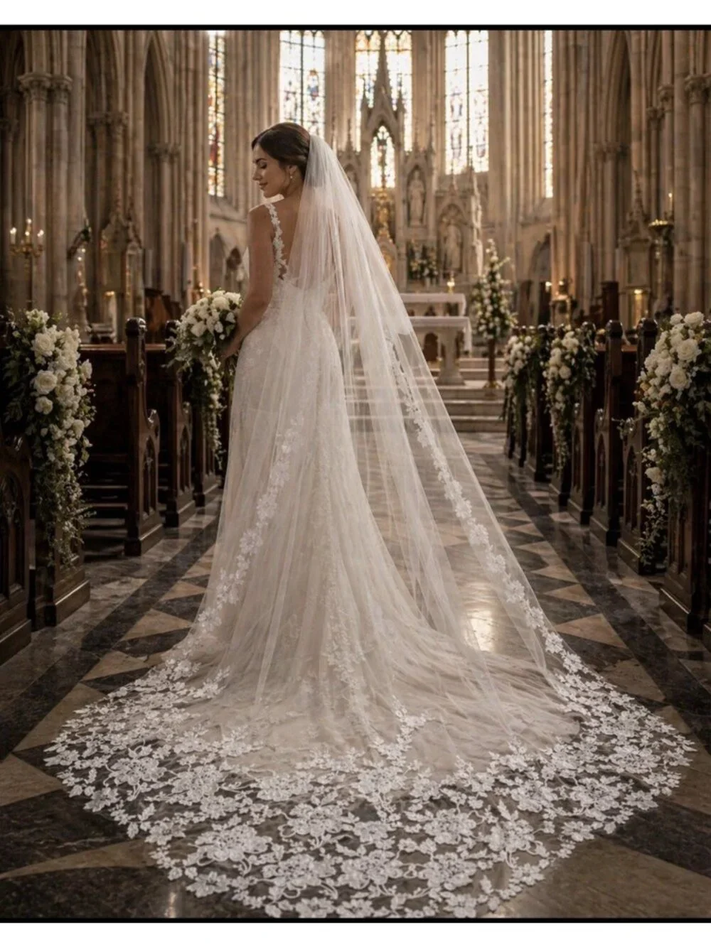 Bridal Applique Veil 1 Layer Lace Embroidered Edge Cathedral Wedding Veil NEW